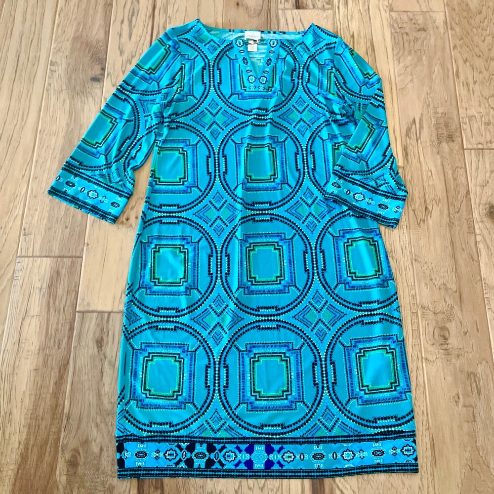 Chico’s Vibrant Blue and Green Geometric Print Knee Length Dress, size 0 (S/4)